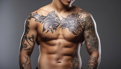 Muscular man with large black tribal tattoos on chest and arms, Asian art motifs, AI generated, AI