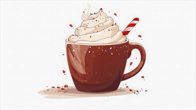 Cup filled with chocolate drink topped with whipped cream and a candy cane straw in a cozy digital