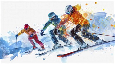 Three skiers in colorful outfits skiing down a slope with dynamic motion and splashes of snow, AI