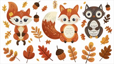 Cute baby foxes and an owl with acorns and autumn leaves creating a playful fall scene, AI
