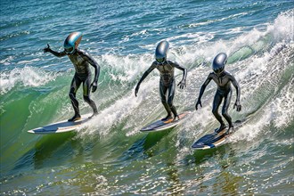 Aliens, three surfers in spacesuits visit earth to surf and ride synchronised on a green wave, AI