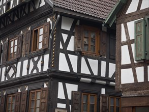 Traditional half-timbered house with decorative wooden beams and several windows, kandel, germany