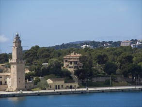 A lighthouse and several houses on a coastline, with dense trees and clear sky in the background,