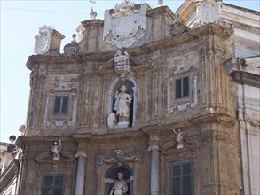 Baroque facade in the old town centre with detailed sculptures, palermo in sicily with an