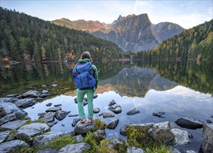 Hiker at the lake, mountain peaks of the Oetztal Alps are reflected in Lake Piburger See, in