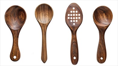 Four wooden spoons of different shapes and sizes, showcasing grain and texture, laid out on a white