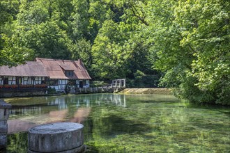 Blautopfquelle, a natural spring with turquoise-coloured water. Beautiful natural surroundings in