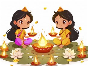 Two children dressed traditionally, holding oil lamps, surrounded by lotus flowers, AI generated