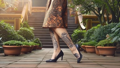 Woman walking on a paved path, showing tattoos on her legs and wearing an orange skirt and high