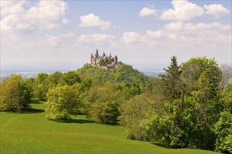 Hohenzollern Castle near Hechingen, cloudy sky, Zollernalbkreis, Swabian Alb, Baden-Wuerttemberg,