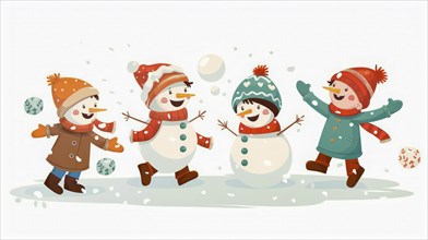Four playful snowmen with children attire are playing with snowballs, surrounded by falling