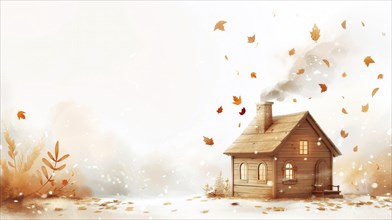 A cozy cottage with smoke from the chimney surrounded by falling autumn leaves in a light,