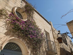 Part of a stone building with round windows and a small balcony, surrounded by purple flowers and