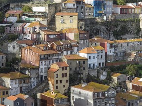Historic view of an old town with colourful houses and red roofs, spring in the old town of Porto
