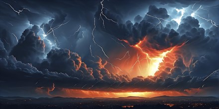 Illustration of a apocalyptic thunderstorm with end of the world scenario featuring lightning