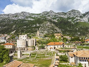 Kruje and Mount Kruje from a drone, Ishem River, Albania, Europe