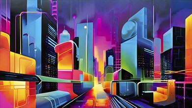 Abstract digital painting of a futuristic city scape with geometric shapes and vibrant neon colors,