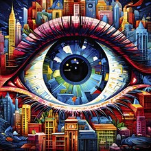 Illustration mosaic collage of an abstract detailed eye morphing into urban cityscape, AI generated