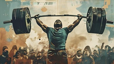 Vintage grungy poster of a weight lifter, AI generated