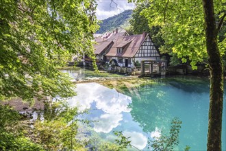 Blautopfquelle, a natural spring with turquoise-coloured water. Beautiful natural surroundings in