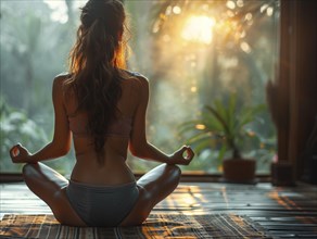 Eine Frau meditiert im Lotus-Sitz bei Sonnenaufgang in einem Raum mit Pflanzen und natuerlichem
