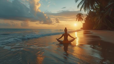 Eine Person meditiert am Strand bei Sonnenuntergang, umgeben von Palmen und reflektierendem
