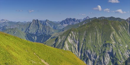 Panorama from Wildengundkopf, 2238m to Hoefats 2259m and Grosser Wilder, 2379m, Allgaeu Alps,