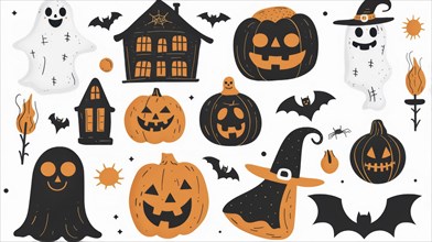 A variety of Halloween-themed illustrations with pumpkins, ghosts, a haunted house, bats, and