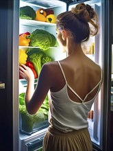 A young woman stands in front of the open fridge with lots of vegetables in it, healthy eating, AI