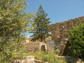 Ruins and stone walls of an ancient structure surrounded by vegetation under a summer sky, Tunis in