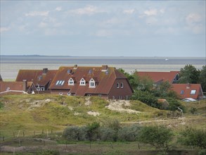 Houses in the dunes with green vegetation and the sea in the background under a partly cloudy sky,