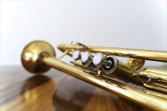 Close-up of an old trumpet on a wooden table with a white wall in the background