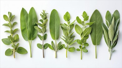 Various fresh green sage leaves arranged in a row on a white background, AI generated
