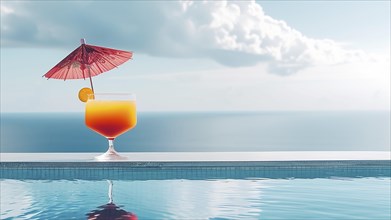 A glass of orange juice with a red umbrella on top of it placed at the edge of a pool, near the