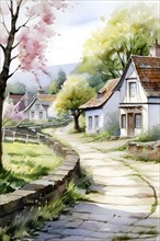 Watercolor depiction of a village in spring with blooming flower, AI generated