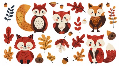 Adorable foxes with acorns and autumn leaves in a playful cartoon style illustrating a fall theme,