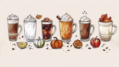 Illustration of various coffee drinks adorned with whipped cream, fruits, pumpkins, and leaves in a
