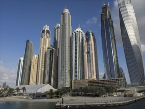 Wide angle view of a dense skyline of modern skyscrapers in sunny weather, dubai, arab emirates