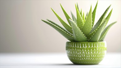 Aloe vera plant in a small patterned green pot with a soft background, evoking a fresh and lively