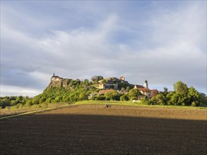 Farmland, Riegersburg Castle in the background, near Riegersburg, Styria, Austria, Europe