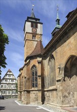 St Bartholomew's Church with high watchtower and bell tower, Markgroeningen, Baden-Wuerttemberg,