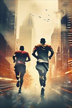 Vintage grungy poster of marathon runners with cityscape skyline background, AI generated