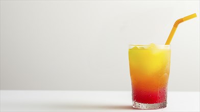 A cold glass of juice with a straw on top and copy space, AI generated