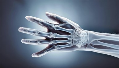 Lateral X-ray view of a human hand with visible bone structures against a blue background, AI