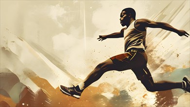 Abstract vintage grungy poster of an athlete in long jump in track and field, AI generated