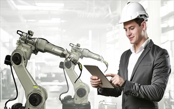 Industrial engineer with tablet control, automation of robot arms, intelligent monitoring, AI