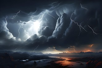 Illustration of a apocalyptic thunderstorm with end of the world scenario featuring lightning