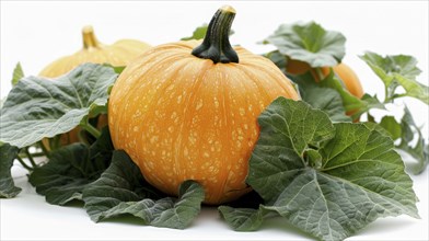 A single orange pumpkin surrounded by green leaves on a white background, AI generated