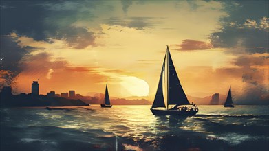 Vintage grungy poster of sailboats with sunset and skyline in background, AI generated