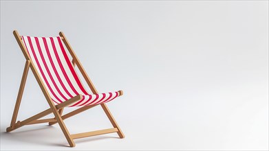 A red and white striped beach chair with wooden legs and copy-space. The chair is empty and is